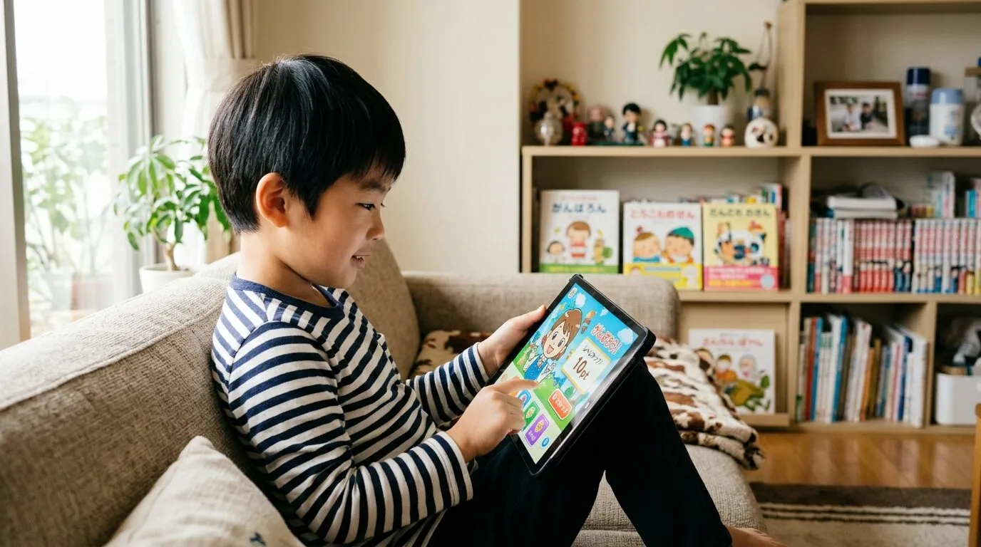 不登校の小学生がタブレットで自宅学習する様子