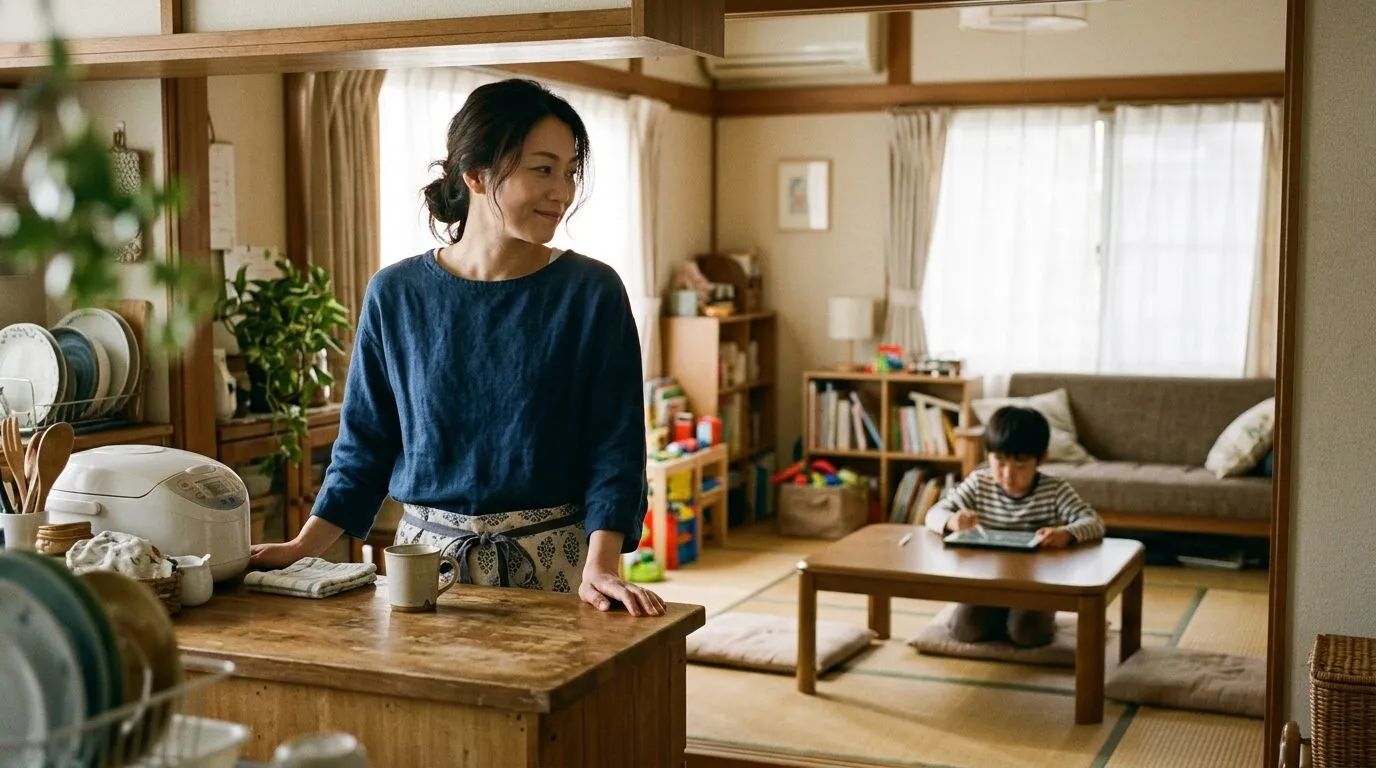 自宅学習を見守る母親